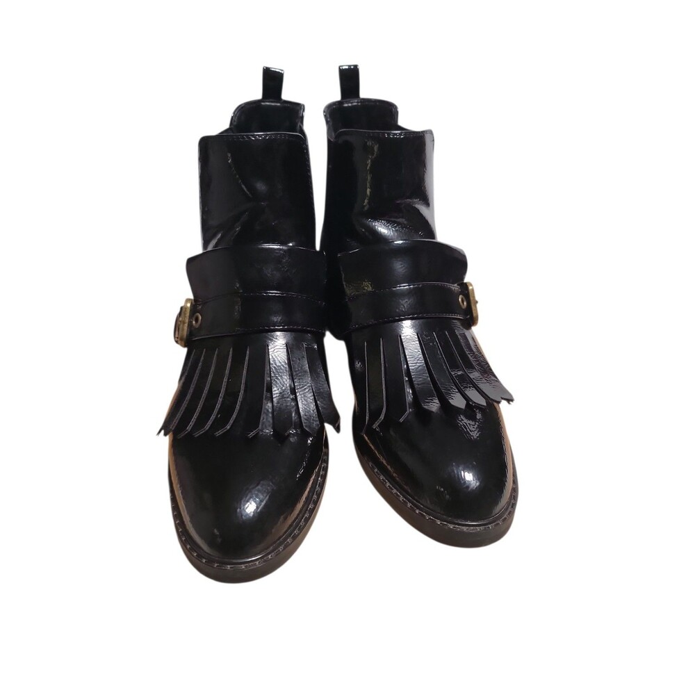 Marc Fisher Brigita Black Kiltie Ankle Boots Sz 8 Patent Leather Fringe Buckle